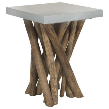 Transitional Side Table, Reclaimed Teak Branches Base & Square Top, Natural/Gray