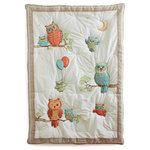The Little Acorn - Baby Owls Quilt - Baby Owls quilt has charming hand crafted appliques and embroideries of Baby Owls learning to fly under the loving and watchful eyes of Mama, Papa and Auntie owl. Natural cream colored cotton ground is framed with a natural flax linen border and charming tiny ric-rac and ribbon trims. Each owl is hand quilted. Reverse is our soft cotton percale aqua Clouds print that matches our clouds crib sheet. Expertly hand quilted with 100% polyester hypoallergenic fill. Reverse of quilt has pole pocket at top for display option. Fits toddler beds and toddler transitional beds.
