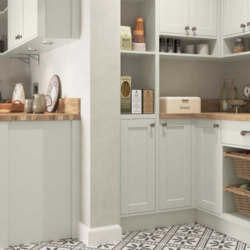 Walk-in Pantry featuring Open Shelves and Pull-out Wicker Baskets.