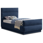 Meridian Furniture - Paxton Chenille Fabric Upholstered Bed, Navy, Twin - Embrace the essence of cozy sophistication with the Paxton Chenille Fabric Bed, a haven designed to elevate your sleep experience and enhance your bedroom's aesthetics. The bed is adorned in a luxurious rich navy chenille fabric, its soft texture inviting you to sink into its warmth. The subtle sheen of the chenille adds a touch of elegance, creating a timeless look that complements various decors. The headboard features a classic horizontal channel tufted design, adding visual interest and dimension to the bed. This sophisticated detail exudes a touch of vintage charm, making the Paxton a perfect fit for both traditional and contemporary spaces.