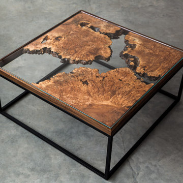 Maple Burl Live Edge Coffee Table | The Divide Series | Modern Square Steel Base