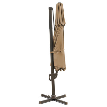 11.5' Tan Polyester Round Tilt Cantilever Patio Umbrella With Stand