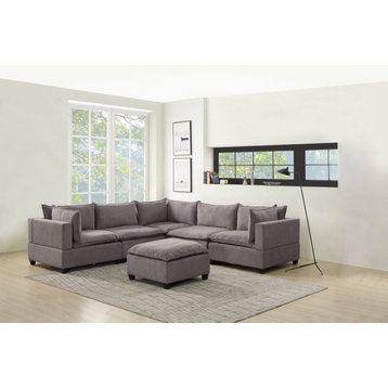 Madison Down Feather 6 Piece Modular Sectional Sofa With Ottoman, Light Gray