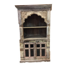 Mogul Interior - Consigned Antique Indian Library Bookcase Arched Frame With Rack Double Door - Bookcases