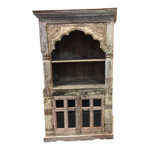 Mogul Interior - Consigned Antique Indian Library Bookcase Arched Frame With Rack Double Door - Bookcases