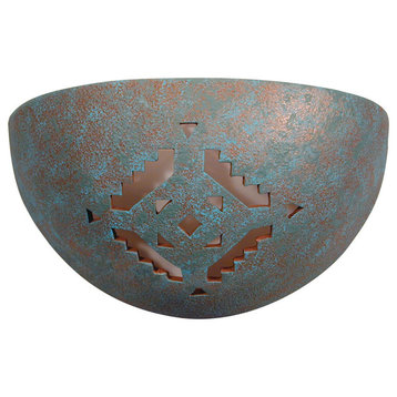 Small Bowl Uplight Ceramic Wall Sconce with Geometric Design, Raw Turquoise