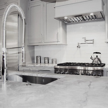 Very Tall Gooseneck Kitchen Faucet / Grey kitchen cabinets