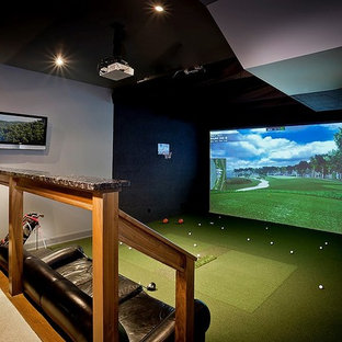 Design ideas for a medium sized contemporary basement in Detroit with black walls, carpet and green floors.