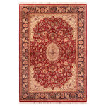 Bareens Designer Rugs - Hussani Pak Persian Keli Red/Blue Wool Rug - 6'0'' x 9'3'' - Designed with mesmerizing intricacy and gorgeous color palette, this hand-knotted masterpiece demonstrates the beauty and electrifying thrill of Pak Persian art. These meticulously hand-knotted Pak-Persian rug is made with pure wool and features breathtaking traditional, transitional, and tribal designs in bold luxurious color pallets. Known for their intricate designs these rugs are a reproduction of Persian rugs, made in Pakistan with unique Mughal designs. Made by master weavers using the same Persian texture, design and dying technique, we wanted to produce the most significant manifestation of Persian art, life, and culture. This rug is most famous for its exceptional quality, incredible designs, patterns, and vibrant rich color. Pak-Persian rugs made with Persian weave with high knot counts, which enables the high intricacy and detail found in the patterns are also referred to as "State of art", each color adds a rich beautiful detail in the artwork of this rug. The design, color, and beautiful chromatic composition with a vibrant sheen with intricate designs, exude beauty, elegance, and quality make this rug a masterpiece of its own.
