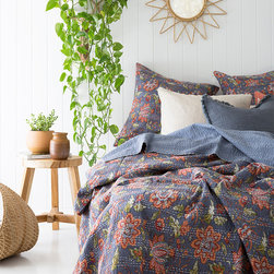 Blue Grey Kalamkari Floral Bedspread / Throw - Bedding