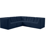 Meridian Furniture - Relax Velvet Upholstered 5-Piece L-Shaped Modular Sectional, Navy - Bolster a contemporary vibe in your living room with this Relax navy modular sectional. Soft navy velvet upholstery offers delicate comfort, making this sectional cozy for anyone who sits in it. Biscuit tufting gives this sectional texture and a modern style, adding extra comfort and elegance to your living space. It's modular design allows you to create infinite configurations, making it a versatile piece to add to your home. A latch underneath the sectional makes it easy to attach to other pieces.