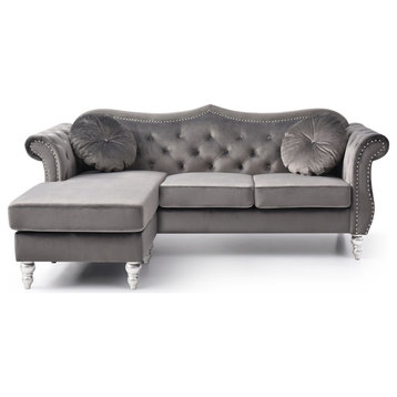 Hollywood Velvet Tufted sofa With Reversible Chaise, Dark Gray