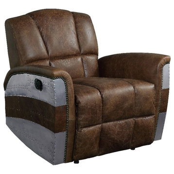 ACME Brancaster Upholstered Power Recliner in Retro Brown Leather and Aluminum