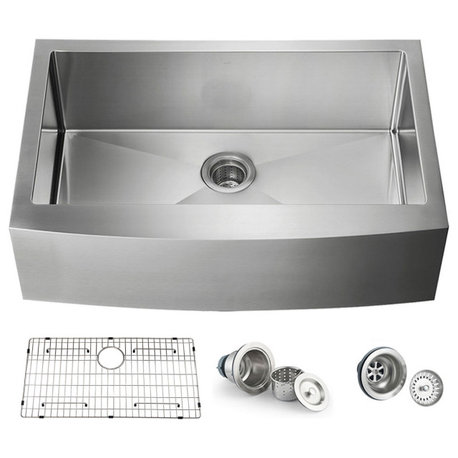 KIBI Handcrafted Farmhouse Apron Single Bowl Stainless Steel Kitchen Sink, 36"