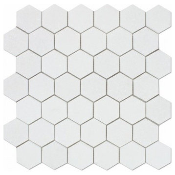 2" Thassos White Marble Hexagon Tile, Honed