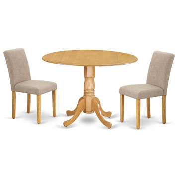 3Pc Round 42" Dining Table, Two 9"Drop Leaves, 2 Chair, Oak Leg, Light Fawn