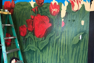 Acrylic/Wall Mural of Tulips & whimsical bugs