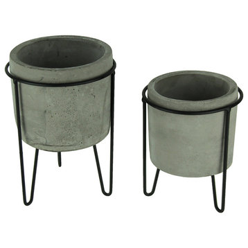 Modern Cement Planters in Black Metal Stands Set of 2