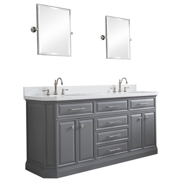 72" Palace Quartz Cashmere Gray Vanity With Hardware, Faucets, Mirror in Polish