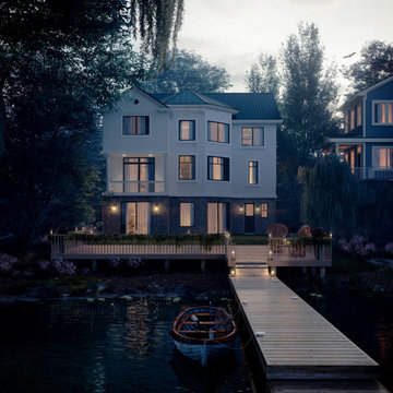 Atmospheric 3D exterior rendering of a luxury house near the lake