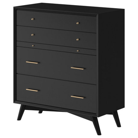 Flynn Mid Century Modern 4 Drawer Chest With Pull Out Tray, Black