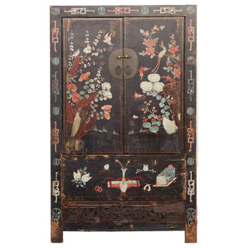 Antique Black and Floral Chinoiserie Armoire