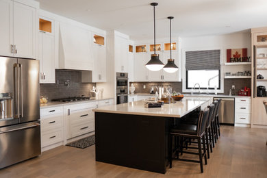 Enclosed kitchen - large cottage l-shaped light wood floor and beige floor enclosed kitchen idea in Toronto with a farmhouse sink, shaker cabinets, white cabinets, quartz countertops, brown backsplash, ceramic backsplash, stainless steel appliances, an island and gray countertops
