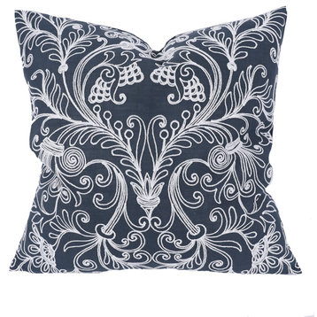20" X 20" Blue and White Damask Polyester Zippered Pillow With Embroidery