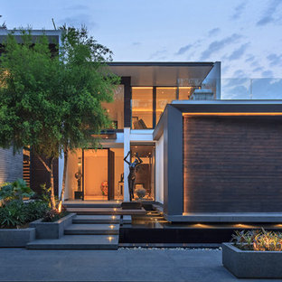 Пример оригинального дизайна интерьера: входная дверь в современном стиле с коричневыми стенами, бетонным полом, одностворчатой входной дверью, входной дверью из дерева среднего тона и серым полом