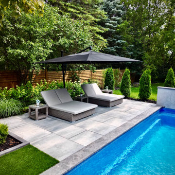Resort-Style Lounger Platform Adjacent to Fiberglass Pool
