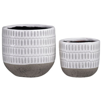 Round Ceramic Pot With Gray Oval Pattern Design, Gloss White, Set of 2