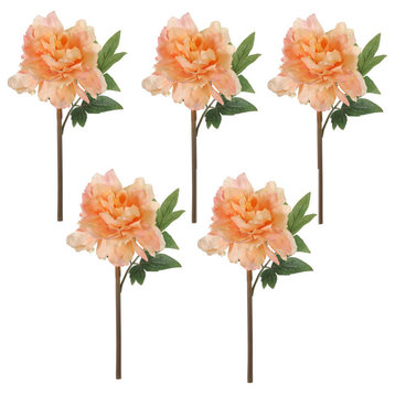 Set Of 5 Faux Peony Stem 14", Coral