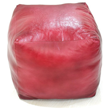Solid Handmade Leather Pouf (Recycled Foam with Fibre Fill), Dark Pink, {Square}18x18x18