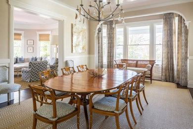 Large elegant dark wood floor and brown floor enclosed dining room photo in New York with beige walls and no fireplace