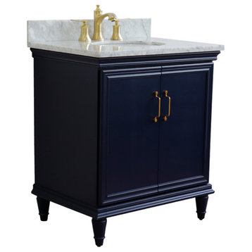 31" Single Vanity, Blue Finish With White Carrara And Oval Sink