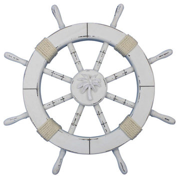 Rustic White Ship Wheel with Palm Tree 18'', Palm Tree Decoration