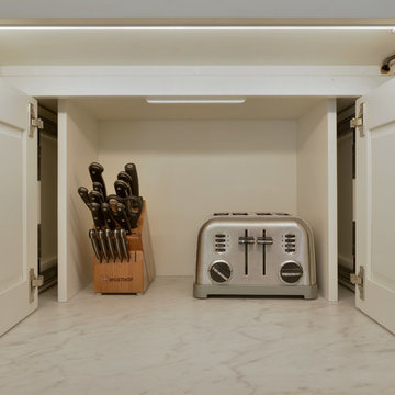 Traditional White Kitchen with Entry way and Family Room