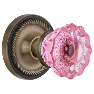 Rope Rosette Privacy Crystal Pink Glass Knob, Antique Brass