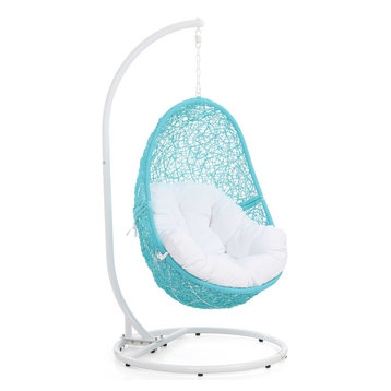 Modern Outdoor Patio Reef Swing Chair with Stand - Teal Basket White Cushion