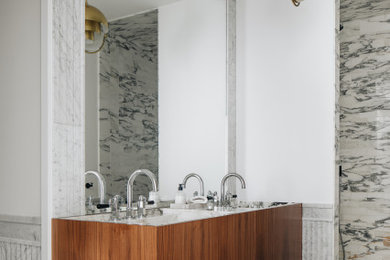 Minimalist master multicolored tile multicolored floor and double-sink bathroom photo in Chicago with flat-panel cabinets, medium tone wood cabinets, white walls, an integrated sink, marble countertops, multicolored countertops and a floating vanity