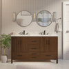 California 60" Bathroom Vanity, Walnut, Carrara Marble, Double