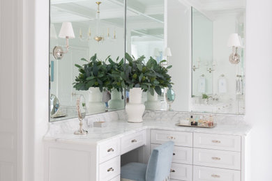 Design ideas for an expansive traditional master bathroom in Dallas with shaker cabinets, white cabinets, white walls, marble floors, marble benchtops, white floor, white benchtops, a built-in vanity and coffered.