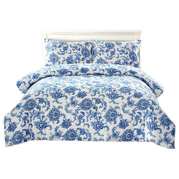 Peach Couture Home Collection Floral Dream 3 Pcs Comforter Set, Dark Blue, Full