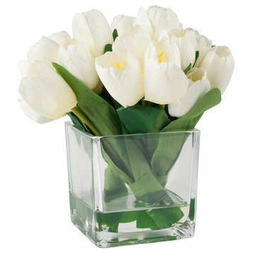 Pure Garden Tulip Floral Arrangement With Glass Vase, Cream