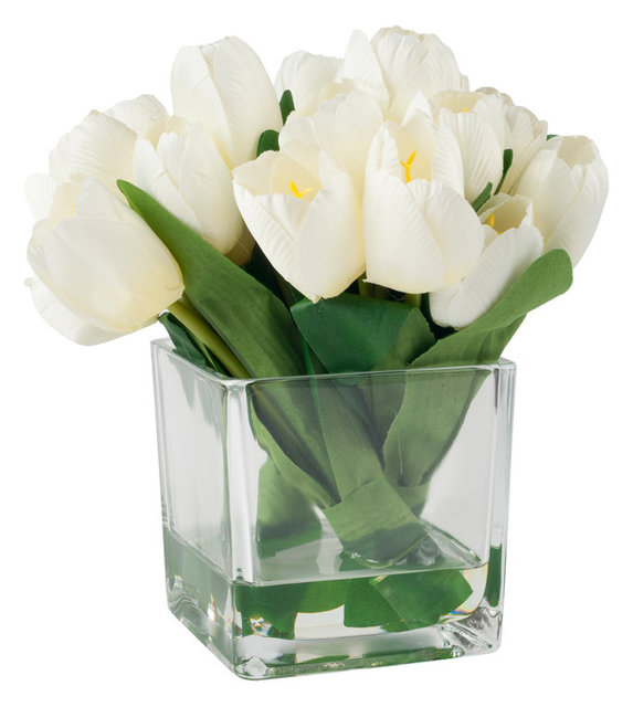 Tulip Floral Arrangement With Glass Vase, Cream  Contemporary  Artificial Flower Arrangements 