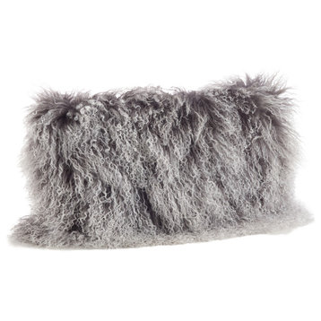 Mongolian Lamb Fur Poly Filled Throw Pillow, Charcoal, 12"x20"