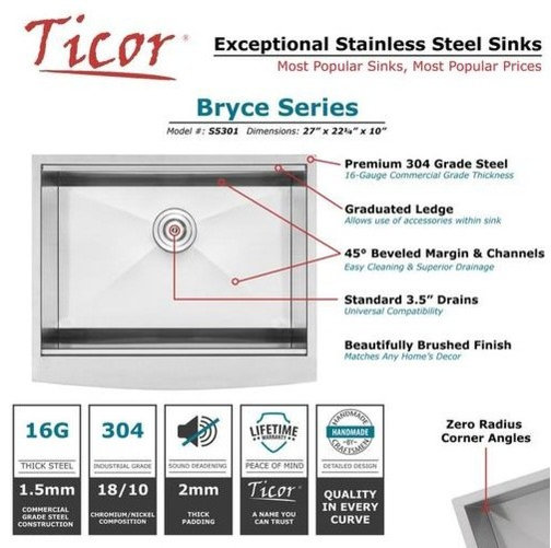 27" Zero Radius Apron Front 16G Stainless Steel Single Basin Kitchen Sink
