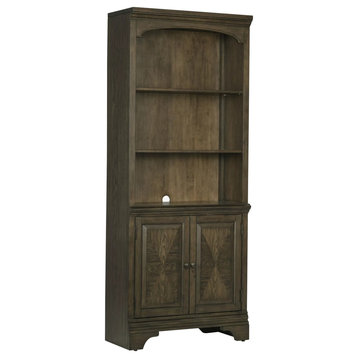 Traditional Bookcase, Accented Lower Cabinet Doors & Open Shelves, Burnished Oak