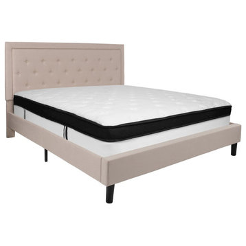 Flash Roxbury King Tufted Upholstered Platform Bed, Beige Fabric/Memory Foam