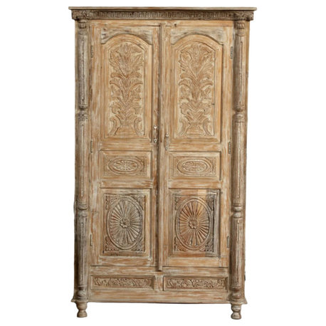 Consigned Antique Armoire Vintage Colonial Style Carved White Cabinet 85x50